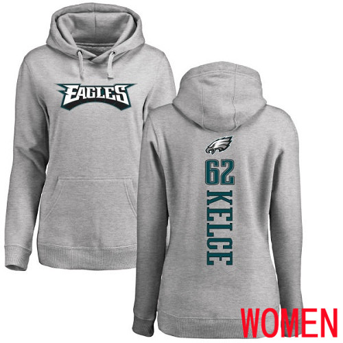 Women Philadelphia Eagles 62 Jason Kelce Ash Backer NFL Pullover Hoodie Sweatshirts